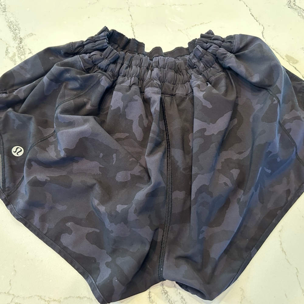 lululemon shorts!! size: 10. camouflage print. black and gray.